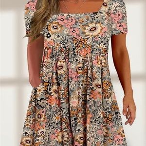 Plus Size Women's Floral Print Short Sleeve Square Neck Dress With Pockets NEW